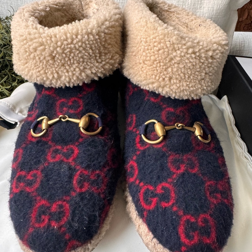 Gucci Navy and Red Shearling Loafers